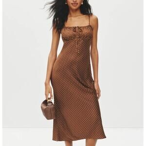 Ciao Lucia Brown Midi Slip Dress MEDIUM Polkadot Satin Bias Cut Designer $400